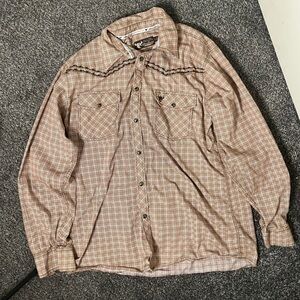 Cowboy Hardware Brown Orange Cream Plaid Pearl Snap Button-Up Shirt Embroidered